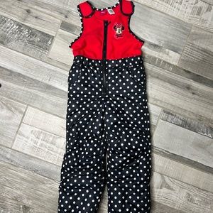Disney Girls XS Pink Black and White Polka Dot Minnie Mouse Snowsuit Bib…